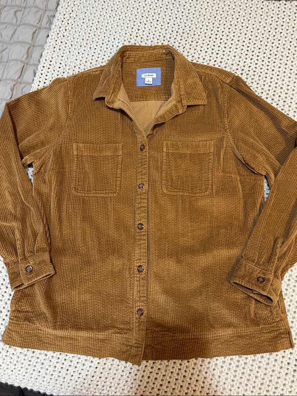 L.L. Bean Women’s Corduroy Button-Down Shirt Jacket in Camel Brown, Size L